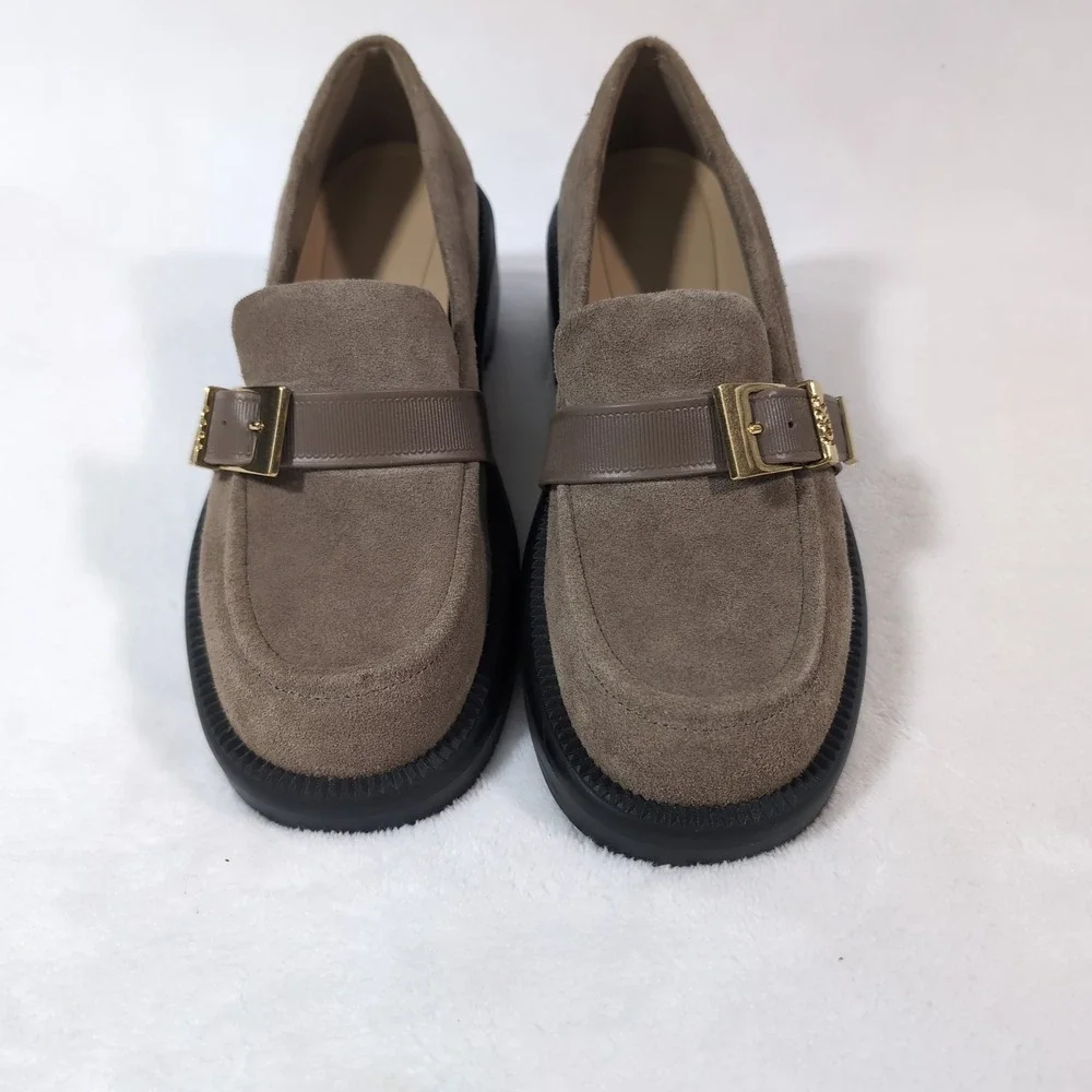 Charles & Keith Loafers Women Taupe Suede Gold Buckle Lug Sole Chunky Platform - Picture 12 of 13